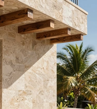 A close-up of high-end architectural details in a Mexican coastal development. Focus on natural textures like sand-colored stone, polished wood beams, and a glimpse of lush tropical greenery under bright midday sunlight.