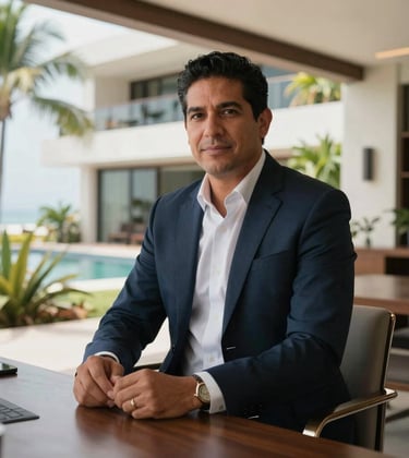 A professional Latin American business consultant in a high-end, open-air office environment in Puerto Escondido. In the background, modern architecture and tropical foliage create an atmosphere of security and luxury.