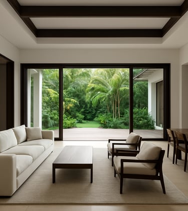 Interior of an exclusive luxury villa in Playa Grande, Costa Rica. Minimalist architectural design with white walls and dark wood accents. Large glass doors open to a lush tropical garden. Professional, clean, and high-status aesthetic.