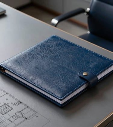 Close-up of a high-end executive desk in a professional Costa Rican office, featuring high-quality leather folders and an architectural floor plan. Steel blue and navy tones in the background, sharp focus, professional lighting.