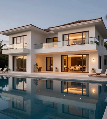 Exterior of a multi-million dollar luxury villa in Tamarindo, Costa Rica, with a seamless infinity pool reflecting the dusk sky. High-end architectural photography style in off-white and navy tones.