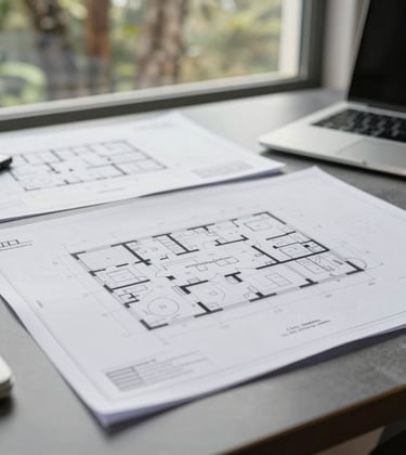 Close-up of professional architectural site plans and financial documents on a sleek desk, with a view of the Guanacaste dry forest through a window. The atmosphere is technical, precise, and executive, emphasizing professional asset valuation.