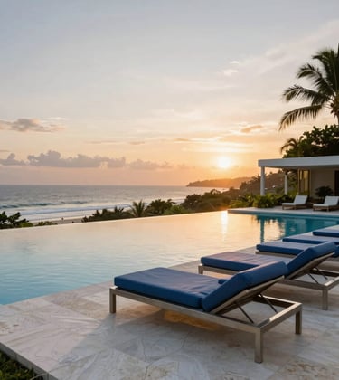 A luxury infinity pool at sunset overlooking the ocean in Flamingo, Costa Rica. Elegant outdoor lounge area with steel blue accents and off-white stone flooring, high-end real estate photography.