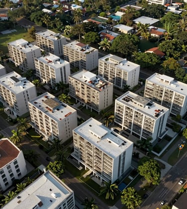 A sophisticated aerial view of a luxury residential development in Tamarindo, Costa Rica. Clean architectural lines, integration with nature, and professional lighting that communicates high-value real estate opportunities.