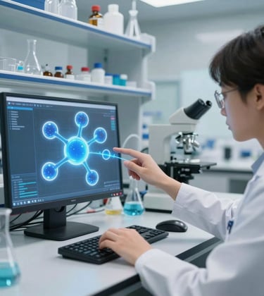 A high-resolution photo of a virtual science laboratory where a user interacts with glowing blue holographic molecules. The setting is clean, high-tech, and modern North American.