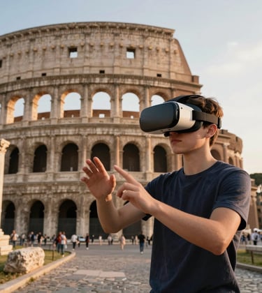 A vivid photograph of a student in the United States exploring a virtual reconstruction of ancient Rome, with realistic textures of stone and marble visible through a high-end VR interface. The lighting mimics a warm sunset.