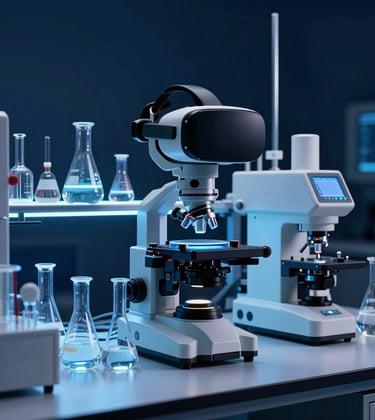 A photograph of a high-tech science lab simulation in VR, showing complex laboratory equipment and glassware glowing with a soft light blue hue against a dark navy blue background. North American setting.