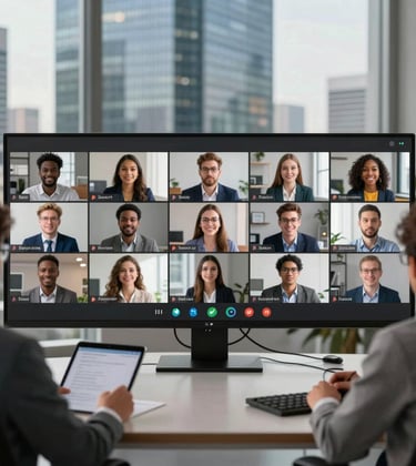 A photography-style shot of a virtual business meeting room where student avatars are engaged in a soft-skills roleplaying workshop, set in a sleek North American skyscraper interior.
