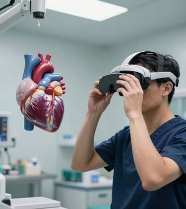 A crisp, detailed shot of a medical professional in a North American training facility using an AR headset to view a detailed 3D model of a human heart floating in the air. The lighting is bright and professional with navy blue and cyan highlights.