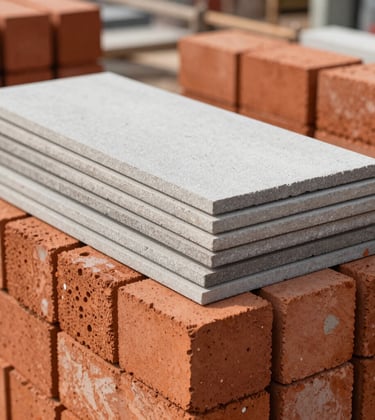 Close-up photography of high-quality construction materials and bricks neatly stacked at a vibrant Vietnamese construction site, bright daylight, professional style.