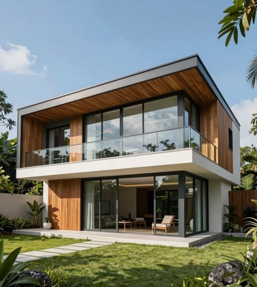 A high-end modern pre-fabricated villa by Cát Xanh set in a lush Southeast Asian garden. The architecture features clean lines, sustainable wood panels, and large glass walls under a clear blue sky. Professional photography style.
