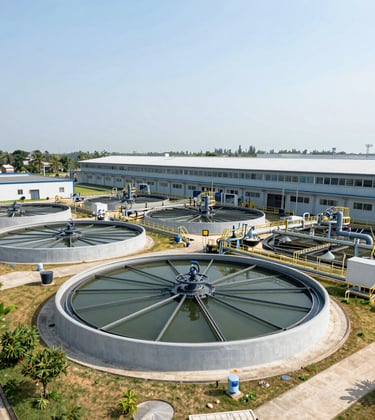 A modern water treatment facility inside a large Vietnamese factory, showcasing innovative engineering and sustainable technology, bright and clean composition.