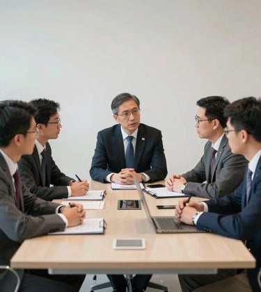 A professional training session at the ISAI Strategic Institute in Vietnam. A group of managers and engineers in business attire are discussing strategy around a modern table. Soft, bright lighting, professional and academic atmosphere.
