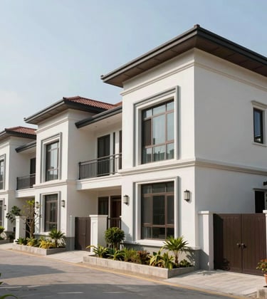 A modern Vietnamese residential street featuring newly constructed townhouses with clean, elegant lines, bright daytime photography, high contrast.