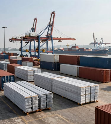 Industrial scene at a Vietnamese shipping port where stacks of high-quality construction materials are being prepared for international export. Bright morning light, sharp focus, conveying global reach and reliability.
