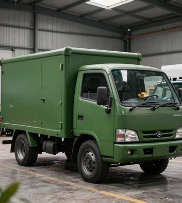 A medium shot of specialized Matte Forest Green delivery vehicles parked at a modern warehouse facility in the Philippines, ready for local distribution of imported ornamental fish.