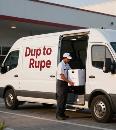 A sleek white delivery vehicle with Deep Ripe Crimson branding parked outside a modern facility in the Philippines. A professional worker in a clean uniform is carefully unloading a secure, insulated shipping crate during the golden hour.