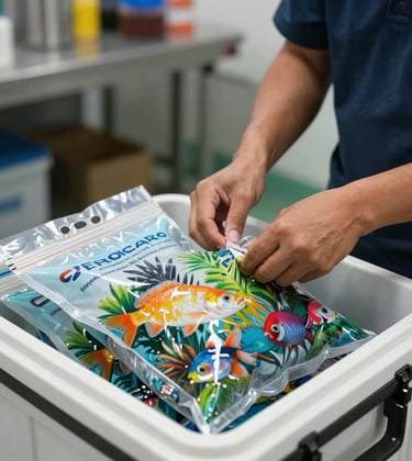 A close-up photograph of a professional packing station where a Southeast Asian technician is carefully placing oxygen-filled bags of vibrant tropical fish into a thermal-lined export box, soft indoor lighting.