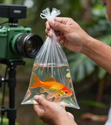 A close-up of hands in a Southeast Asian / Filipino setting carefully inspecting a clear bag containing a bright, healthy ornamental fish. The background features Matte Forest Green professional equipment and soft, focused lighting.