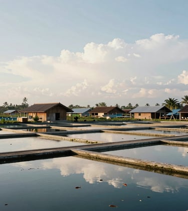 A scenic view of a local Filipino ornamental fish farm with traditional ponds reflecting a soft Crisp Parchment sky, showcasing the source of our local exports.