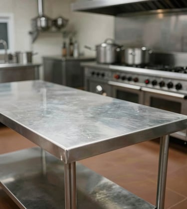 Uma mesa de aço inoxidável em uma cozinha comercial profissional com fogão a gás.