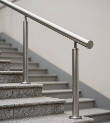 Corrimão moderno de aço inoxidável instalado em escadas externas de granito para segurança e acessib