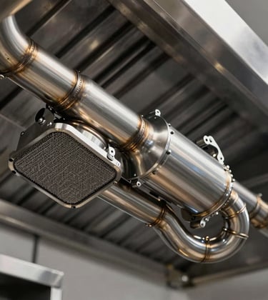 A professional-grade stainless steel exhaust system in a high-end Brazilian restaurant kitchen. The image focuses on the precise engineering of the inertial filters and the robust, polished construction. Clean, technical, and high-performance atmosphere.
