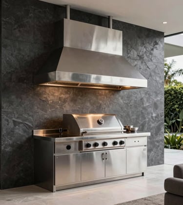 A high-performance gourmet area in a luxury Brazilian villa. A large, bespoke stainless steel barbecue hood is the focal point, installed against a dark graphite textured wall. Professional lighting, sophisticated outdoor living space.
