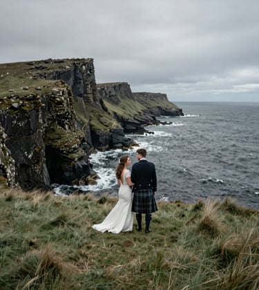 A cinematic shot of a couple in traditional wedding attire, with the groom in a kilt, standing on a windswept Northern European / Scottish coastal cliff. The ocean is a deep slate grey with white foam, and the grass is a muted sage green under a moody sky.