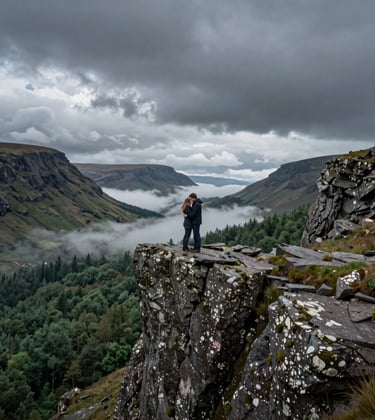 A cinematic photograph of a couple embracing on a rugged cliffside in the Scottish Highlands. The sky is filled with dramatic, dark slate clouds, and the landscape is a mix of deep forest green and soft cloud white mist.