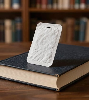A still life photograph featuring a single, high-end fragrance blotter strip tucked into a heavy, dark obsidian book. The scene is set in a quiet, sun-drenched library in the Middle East / Gulf, suggesting deep brand immersion and intellectual discipline.
