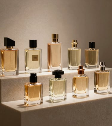 A collection of niche perfume bottles arranged on a tiered obsidian shelf. The composition is balanced and architectural, using lighting to emphasize the liquid within. Middle Eastern / Gulf luxury aesthetic.