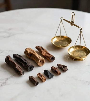 A minimalist, editorial shot of handmade agarwood pieces and a small brass scale on a bone-white marble table. The composition is balanced and precise, representing careful selection and luxury curation in a Middle Eastern / Gulf context.
