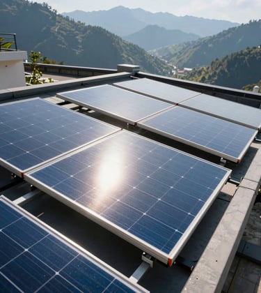 A professional installation of hybrid solar panels on a luxury resort rooftop in the mountains of South Asia. Sunlight reflecting off the premium glass panels.