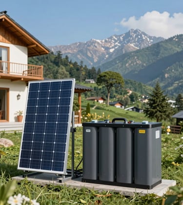 A premium off-grid solar power system with battery storage installed at a remote luxury villa in Uttarakhand. Clear blue skies, lush green South Asian surroundings, and modern, high-tech energy equipment in sharp focus.