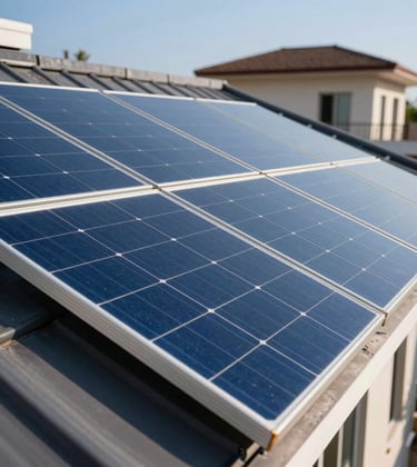 A close-up photograph of high-efficiency on-grid solar panels reflecting a clear blue sky on a South Asian residential rooftop. Crisp, modern look with luxury glassmorphism vibes and professional solar branding.