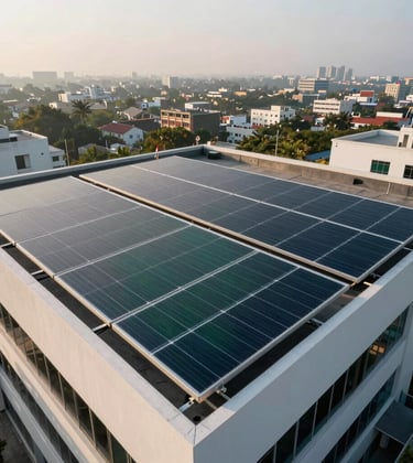 A sophisticated hybrid solar plant setup on a commercial building rooftop. Glossy dark green and blue textures, soft morning sunlight, South Asian urban landscape in the background, professional and high-end aesthetics.