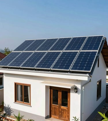 A residential rooftop solar panel installation on a modern white house for renewable energy.