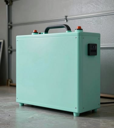 A close-up photograph of professional off-grid solar battery storage systems installed in a clean, modern garage in India. Soft neon mint lighting highlighting the high-tech equipment.