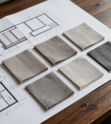 A close-up shot of architectural blueprints and a mood board featuring fabric swatches in warm muted grey and soft stone grey on a dark espresso wooden table, symbolizing professional interior design planning.