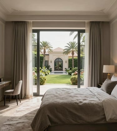 An elegant master bedroom in an upscale villa. The color palette features Soft Pewter walls and Taupe Grey linens. A large window shows a lush Egyptian garden. Professional architectural photography, soft morning light.