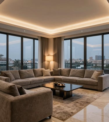 A modern penthouse living area in Cairo with panoramic views. The interior features Taupe Grey sleek furniture and Warm Alabaster accents. Sophisticated evening lighting creates a warm, exclusive atmosphere.