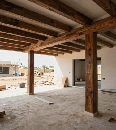 A professional setting showing a modern villa construction site in Egypt under management, with a focus on a clean, organized workspace and premium materials like dark espresso wood beams.