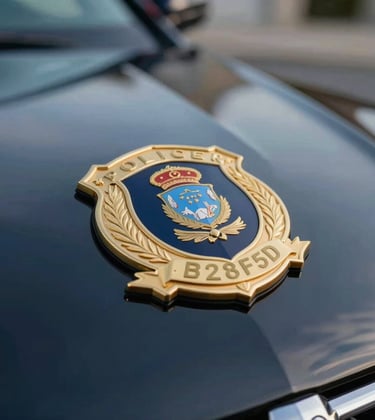 Close up of a luxury police patrol car emblem with gold detailing #B28F5D against a dark navy #0A1128 polished surface, emphasizing prestige and high-end automotive engineering.