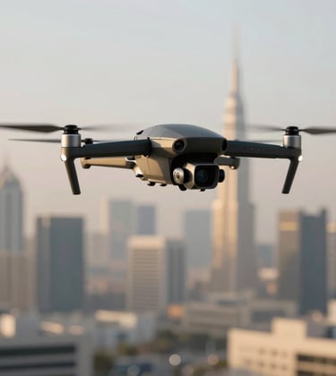 A high-end autonomous surveillance drone with a matte black finish and gold (#B28F5D) detailing. It is hovering elegantly above a blurred Dubai skyline. The style is premium and authoritative, emphasizing security and precision engineering.