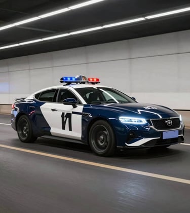 High-end luxury patrol vehicle speeding through a modern urban tunnel. The motion blur and lighting highlights the sleek navy #0A1128 and white bodywork.