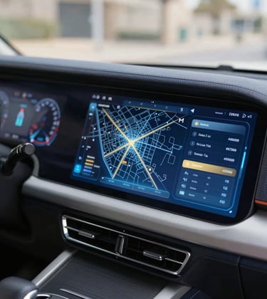 A close-up of a futuristic digital interface inside a Dubai Police luxury patrol vehicle. The dashboard shows an advanced holographic AI city map. The UI is crisp and modern, featuring Slate Blue (#607B8B) and Gold (#B28F5D) highlights on a dark navy background.