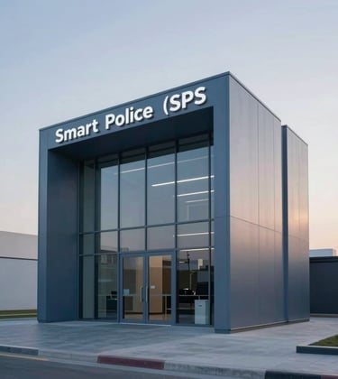 An architectural photograph of a sleek, minimalist Smart Police Station (SPS) in Dubai. The building features seamless glass and brushed steel. The lighting is soft evening dusk, highlighting the elegant geometric design with a color palette of slate blue (#607B8B) and soft light grey (#F2F4F7).