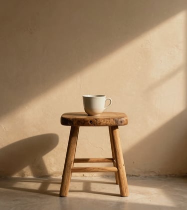 Cinematic shot of warm afternoon sunlight casting soft shadows on a plaster wall, a rustic wooden stool with a ceramic cup, minimalist editorial composition, warm sand tones.