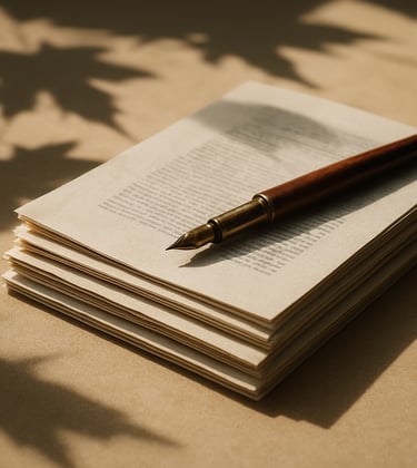 A close-up photograph of a stack of academic journals and manuscripts on a clean parchment-colored desk. A vintage fountain pen rests on top. Shadows of maple leaves from a North American window play across the scene. The palette features subtle dark earth and wood brown tones.